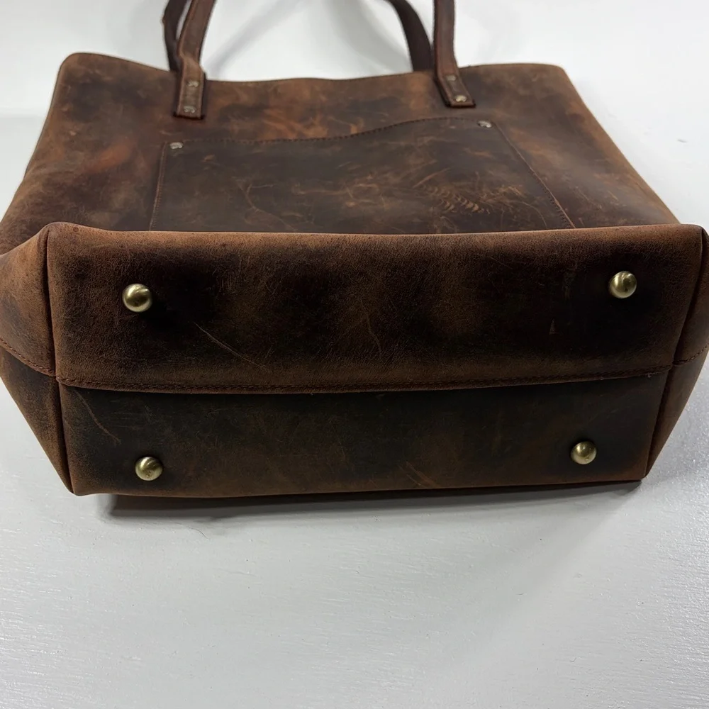 S-Zone Distressed Leather Tote Bag Brown Laptop Work Bag + Card Holder - Picture 6 of 13